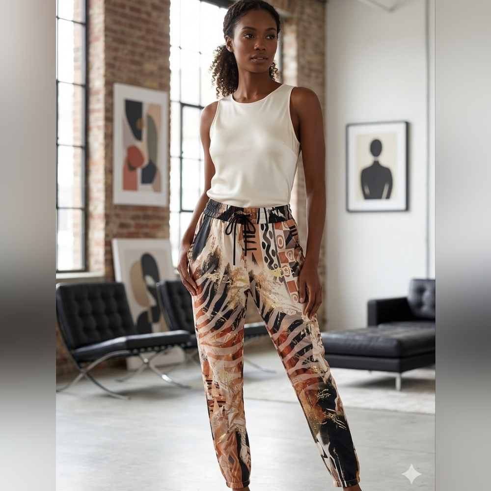 Abstract Print Drawstring Pants - Women's Cream Top
